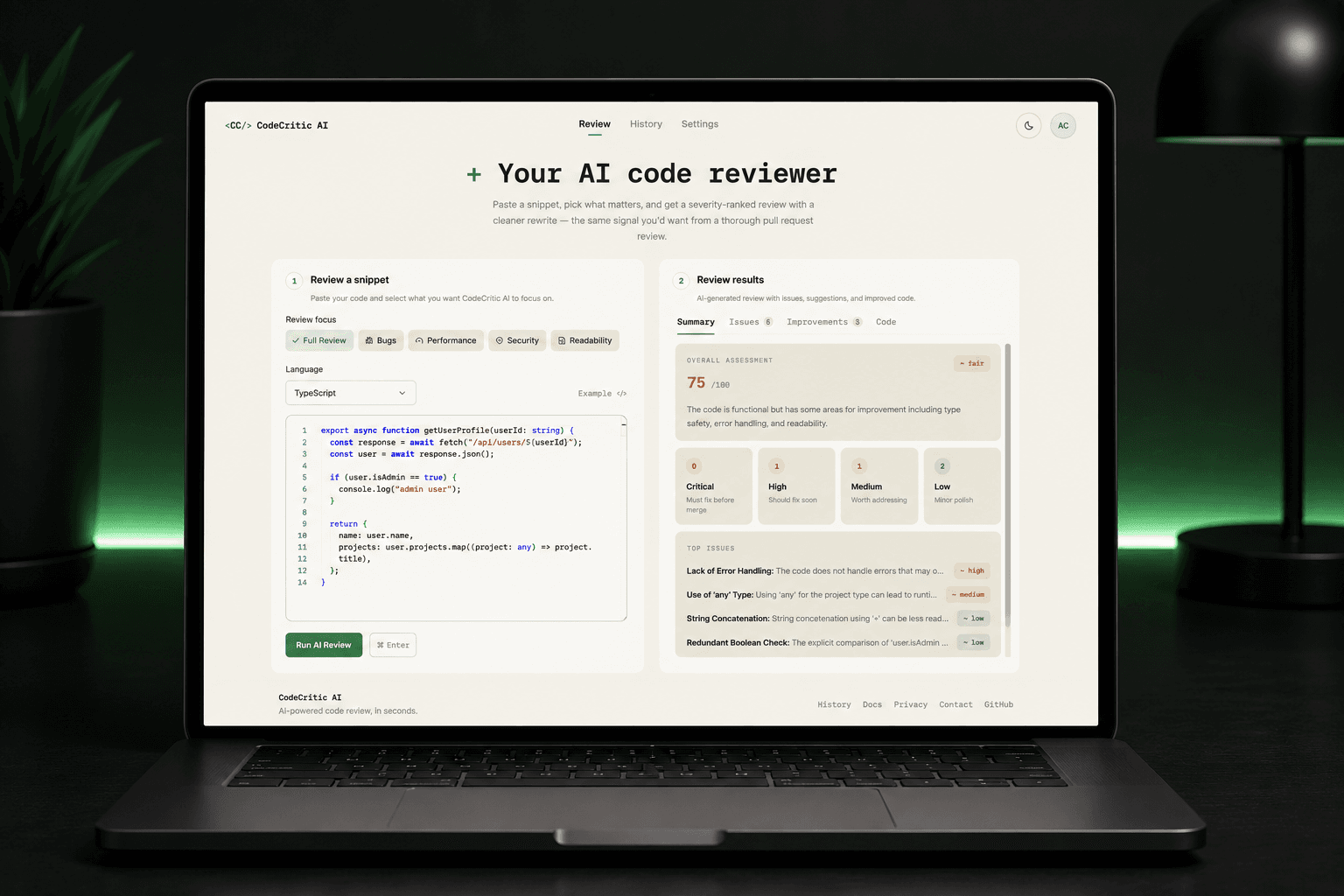 CodeCritic AI screenshot